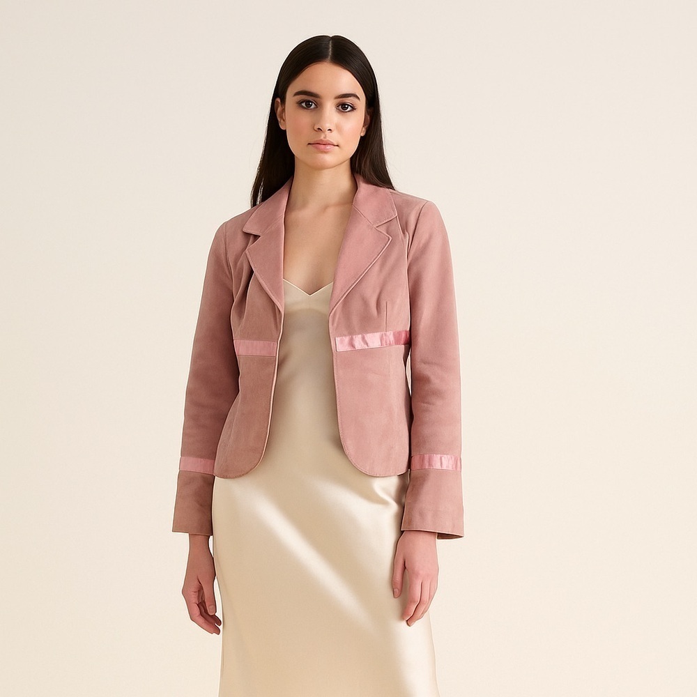 Vintage Wilson’s Maxima NWT 90s powder pink suede jacket with ribbon trim. Small